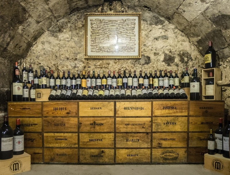 Bottles of fine wine displayed in a cellar